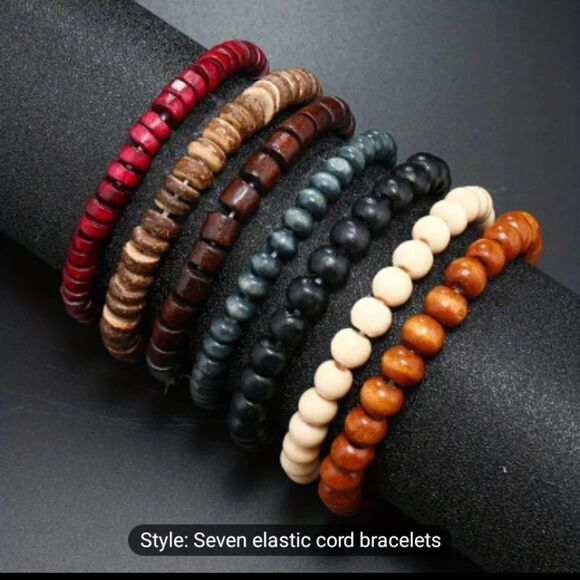 Men's beaded bracelets set 7pc black brown white new e65 - Picture 2 of 4